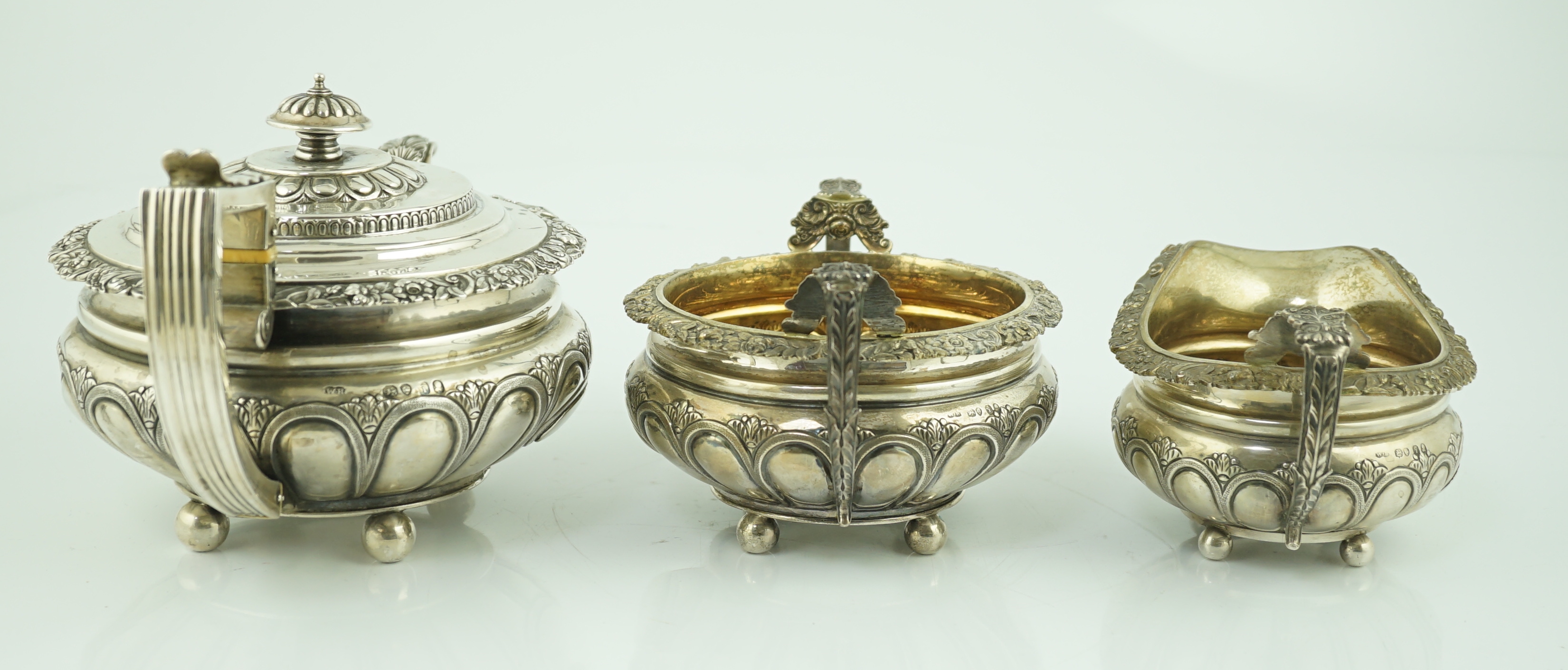 A George IV silver three piece tea set, by William Bateman